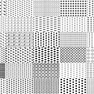 Peut inclure: Une collection de 25 motifs sans couture noir et blanc présentant divers designs, notamment des chauves-souris, des chats, des bateaux, des flocons de neige et des formes géométriques.