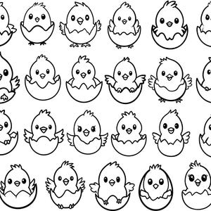 Può includere: Una serie di illustrazioni in bianco e nero di pulcini che escono dalle uova. Ogni pulcino ha un'espressione e una posa diverse, con alcuni che mostrano le ali e altri che sbucano dai loro gusci. Ideale per progetti di colorazione o artigianato.