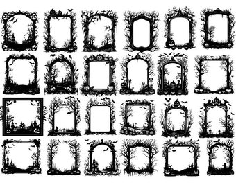 May include: A set of 20 black and white Halloween-themed frames. The frames are made of branches and leaves, and some have pumpkins, bats, and other Halloween decorations. The frames are perfect for adding a spooky touch to your Halloween decorations.