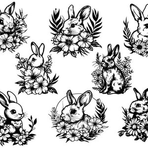 Joli clipart floral lapin, Clipart lapin de Pâques, Svg de lapin de Pâques, fichier de coupe lapin pour Cricut, lapin Svg, Svg de lapin, Svg de lapin de Pâques