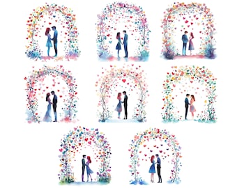 May include: A watercolor illustration of eight couples standing under floral arches decorated with hearts. The arches are made of branches and leaves, and the hearts are in various shades of pink, red, and purple. The couples are all holding hands and looking at each other.