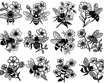 Bee Svg Bundle,  Bumble Bee Svg, Bee Clipart, Bee With Flowers Svg, Bee Cut Files For Cricut