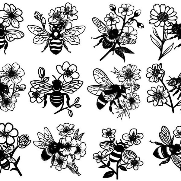 Paquete de abejas svg, abejorro svg, imágenes prediseñadas de abejas, abeja con flores svg, archivos de corte de abejas para cricut