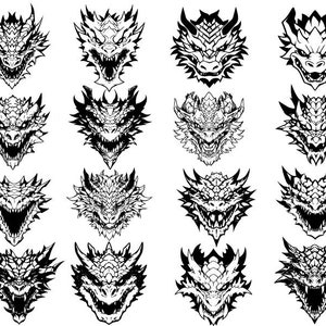 May include: A set of 16 black and white dragon head illustrations. Each dragon head has a unique design with different scales, horns, and teeth.