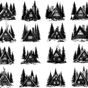 May include: A collection of black and white illustrations of rustic cabins nestled among pine trees. Each cabin features a unique design, with chimneys, windows, and varying rooflines. The artwork evokes a sense of wilderness and nature.