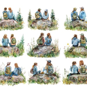 Aquarel wandelen clipart, aquarel vriendschap PNG, beste vrienden wandelen clipart, aquarel vrouwen wandelen PNG