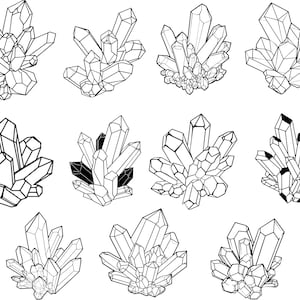 May include: Twelve black and white illustrations of crystal clusters. Each cluster is composed of geometric shapes and sizes, with sharp, angular facets. One cluster has black shading. The crystals are arranged in a natural, organic style.