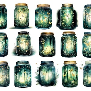 Fantasy Firefly Jars Watercolor Clipart, Watercolor Magical Jar, Cute Mystical Jars Png, Watercolor Fantasy Jar