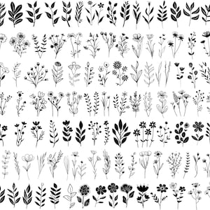 May include: A collection of black and white botanical illustrations featuring various leaves, flowers, and sprigs. The designs range from simple leaf shapes to detailed floral arrangements, suitable for crafting or design projects.