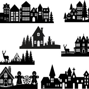 May include: Black and white silhouette illustrations of various winter village scenes. The scenes include houses, trees, mountains, deer, and a gingerbread house.