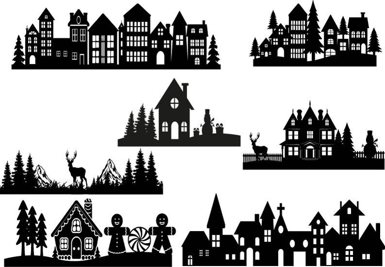 May include: Black and white silhouette illustrations of various winter village scenes. The scenes include houses, trees, mountains, deer, and a gingerbread house.