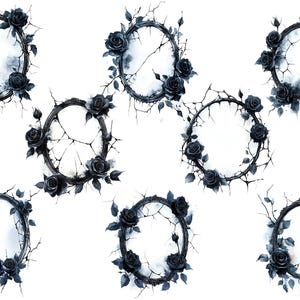 May include: Eight black and white watercolor wreaths with black roses and thorns. The wreaths are circular and have a rustic, gothic style.