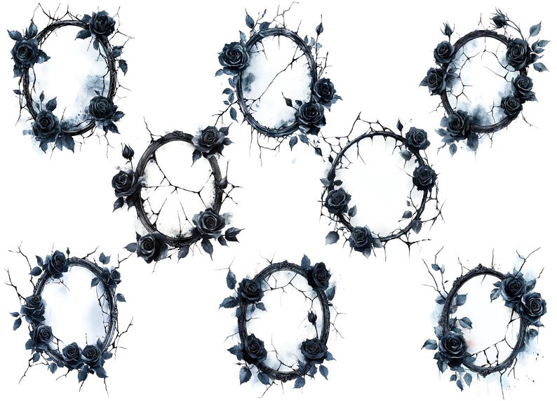 May include: Eight black and white watercolor wreaths with black roses and thorns. The wreaths are circular and have a rustic, gothic style.