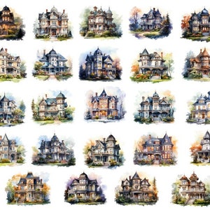 Clipart maison victorienne aquarelle, maison de maître vintage Png, clipart maison de maître coloré, aquarelle maison vintage