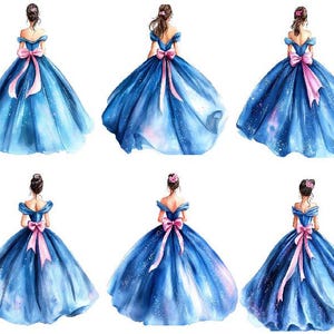 Clipart principessa acquerello, donna acquerello con abito blu, clipart Cenerentola acquerello, abito blu acquerello