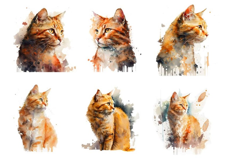 May include: Six watercolor paintings of orange tabby cats in various poses. The cats are depicted with a soft, painterly style and are surrounded by watercolor splatters.