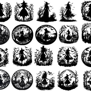 K&ouml;nnte beinhalten: Ein Set mit 20 Schwarzwei&szlig;illustrationen von Hexen in verschiedenen Posen. Die Hexen tragen spitze H&uuml;te und lange Roben. Einige der Hexen halten Besen, w&auml;hrend andere K&uuml;rbisse oder andere Halloween-Motive halten.
