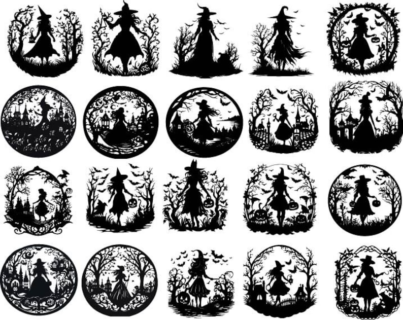 K&ouml;nnte beinhalten: Ein Set mit 20 Schwarzwei&szlig;illustrationen von Hexen in verschiedenen Posen. Die Hexen tragen spitze H&uuml;te und lange Roben. Einige der Hexen halten Besen, w&auml;hrend andere K&uuml;rbisse oder andere Halloween-Motive halten.