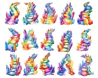 May include: A set of 12 watercolor illustrations of rainbow crystal paths. Each path is made of colorful crystals and has a winding, staircase-like design.