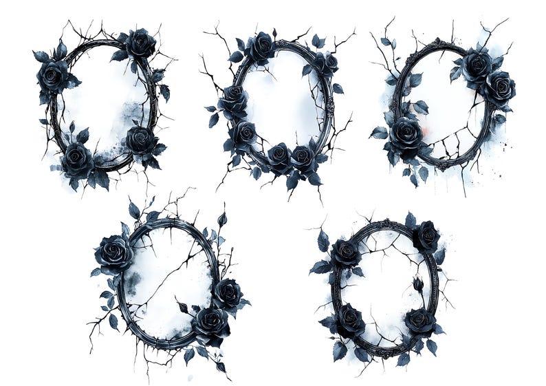 May include: Five black and white watercolor wreaths with thorny branches and black roses. The wreaths are circular and have a blank space in the center.