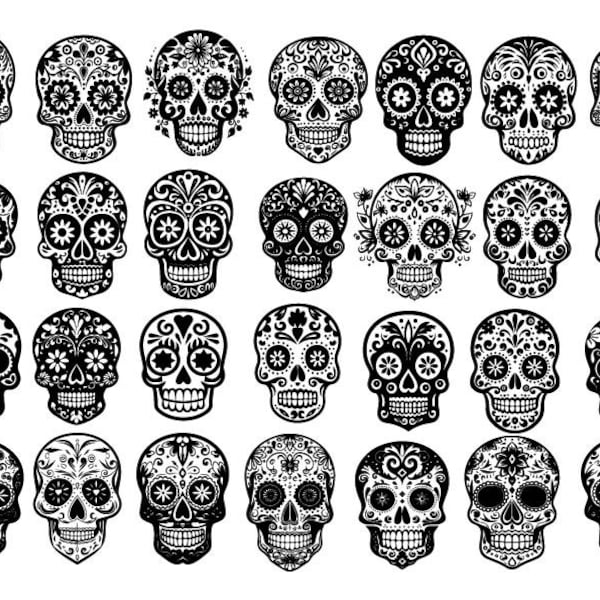 Sugar Skull Svg , Sugar Skull Silhouette, Skull Clipart, Skull Bundle Svg, Sugar Skull Png, Sugar Skull Cut Files, Day of the Dead Svg