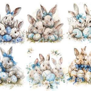 Puede incluir: Seis ilustraciones de acuarela de grupos de tres conejos blancos con lazos azules, sosteniendo huevos de Pascua azules y blancos. Los conejos est&aacute;n rodeados de flores azules y blancas.