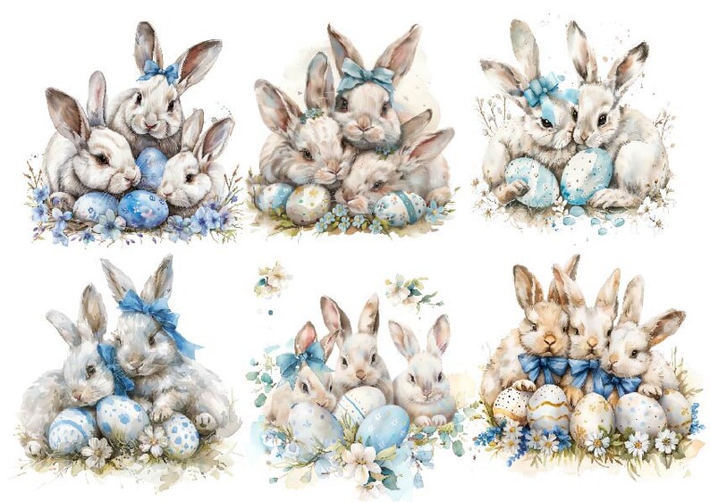 Puede incluir: Seis ilustraciones de acuarela de grupos de tres conejos blancos con lazos azules, sosteniendo huevos de Pascua azules y blancos. Los conejos est&aacute;n rodeados de flores azules y blancas.