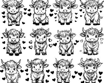 Paquete SVG de vaca de las Tierras Altas, Vaca Bebé SVG, Clipart de Vaca de las Tierras Altas, Archivos de Corte de Vaca para Cricut, Vaca de las Tierras Altas PNG