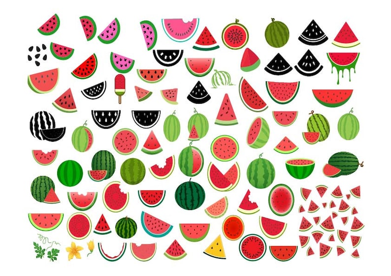 May include: A collection of watermelon illustrations in various shapes, sizes, and colors, including whole watermelons, slices, and wedges. Some watermelons have seeds, while others are seedless. The illustrations are in a cartoon style and are perfect for use in a variety of projects.