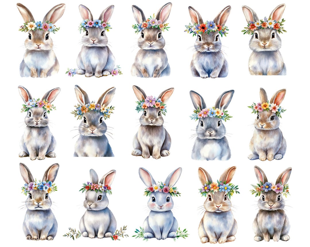 Watercolor Floral Bunnies Clipart, Bunny With Floral Wreath Clipart ...