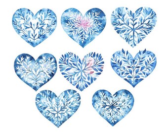 Snowflake Clipart Bundle, Watercolor Snowflake, Heart Snowflake Png, Watercolor Winter Clipart, Snowflake Png