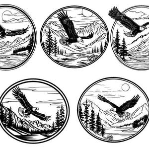 May include: Five black and white illustrations of bald eagles flying over mountain landscapes. Each illustration is framed in a circle.