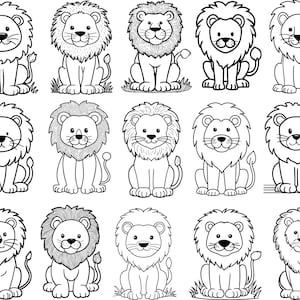 May include: Fifteen black and white illustrations of cartoon lions in different poses. Each lion is depicted sitting upright, with a detailed mane and a friendly expression. Some are on grass.