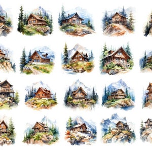 Aquarel hut in het bos Png, blokhut bundel clipart, cabine aquarel clipart, boshuis illustratie PNG, boshuis clipart