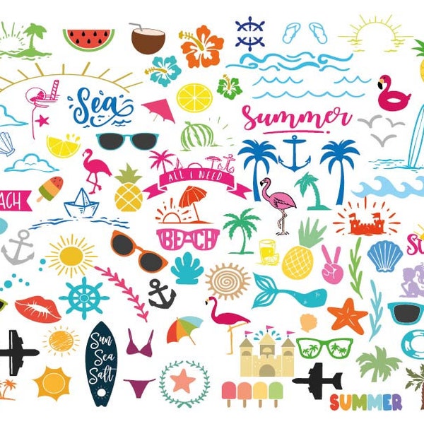 Bundle été Svg, plage, Svg, Clipart, fichiers pour Cricut, flamants roses, pastèque, téléchargement immédiat