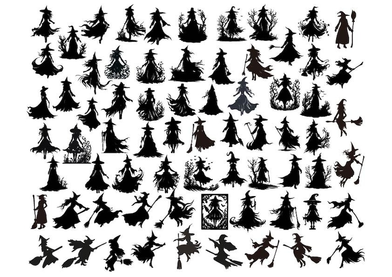 May include: A collection of 50 black silhouette images of witches with broomsticks, hats, and other magical accessories. The witches are in various poses and positions, some flying, some standing, and some sitting.