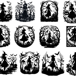 K&ouml;nnte beinhalten: Ein Set mit 10 schwarzen und wei&szlig;en Silhouettenbildern von Hexen mit Flederm&auml;usen und K&uuml;rbissen. Die Hexen tragen spitze H&uuml;te und lange Kleider. Die Bilder eignen sich perfekt f&uuml;r Halloween-Dekorationen oder Bastelarbeiten.