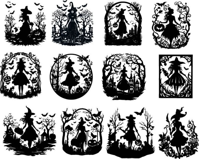 K&ouml;nnte beinhalten: Ein Set mit 10 schwarzen und wei&szlig;en Silhouettenbildern von Hexen mit Flederm&auml;usen und K&uuml;rbissen. Die Hexen tragen spitze H&uuml;te und lange Kleider. Die Bilder eignen sich perfekt f&uuml;r Halloween-Dekorationen oder Bastelarbeiten.
