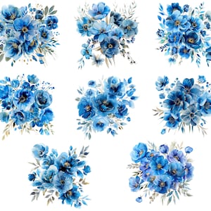 Watercolor Blue Flowers Bouquet, Flowers Clipart, Watercolor Floral Bouquets, Blue Floral Clipart