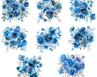 Watercolor Blue Flowers Bouquet, Flowers Clipart, Watercolor Floral Bouquets, Blue Floral Clipart