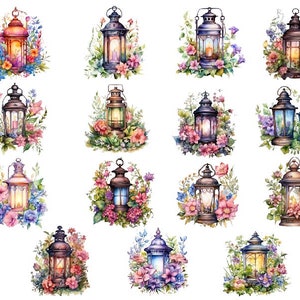 Puede incluir: Ilustraciones en acuarela de faroles decorativos rodeados de flores coloridas. Los faroles varían en forma y color, algunos con luz cálida y acogedora. Los arreglos florales incluyen flores rosas, azules y amarillas, creando una estética artística.