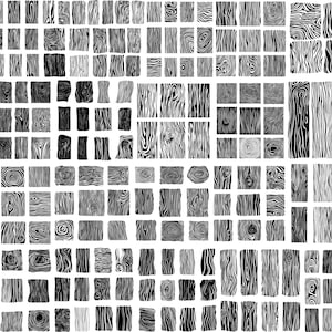 May include: A collection of black and white wood grain textures. The image features a variety of rectangular and square shapes, each showcasing a unique pattern of wood grain. The textures range from straight lines to swirling patterns.