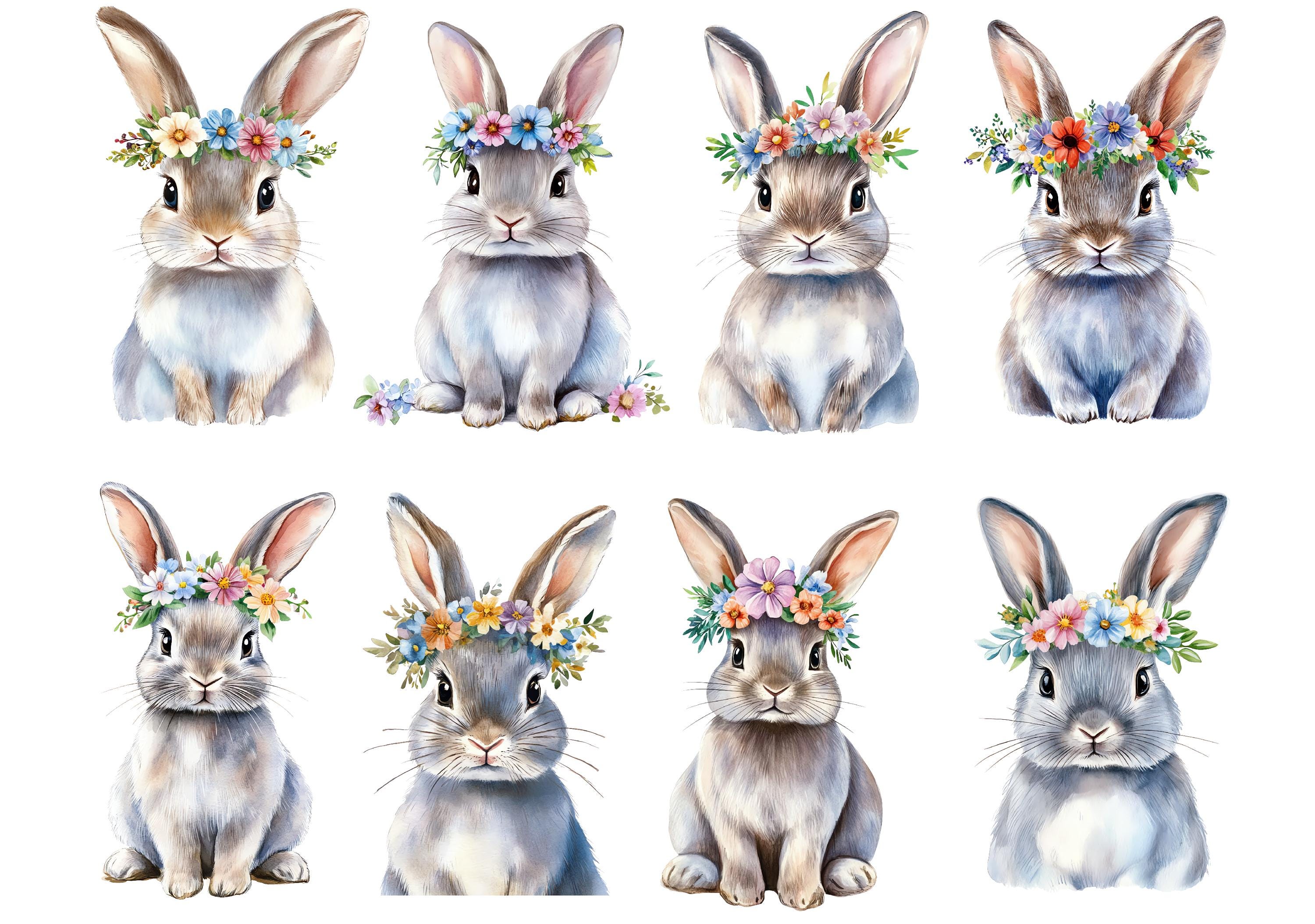 Watercolor Floral Bunnies Clipart, Bunny With Floral Wreath Clipart ...