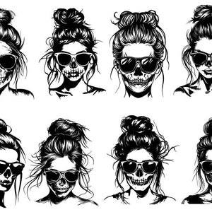 Calavera de chica con moño desordenado Svg, Calavera Svg, Calavera Clipart, Calavera Svg, Archivos de corte de calavera para Cricut