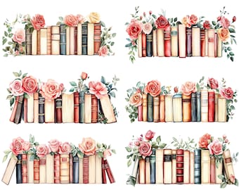 Floral Book Clipart, Watercolor Floral Books Clipart, Row Of Books Png, Book Lovers Clipart