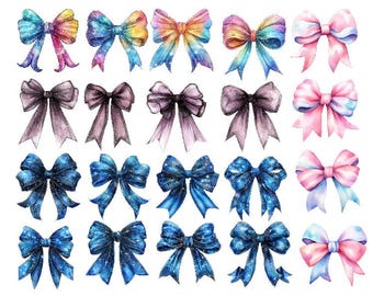 Watercolor Bows Clipart, Colorful Ribbon Png, Watercolor Coquette Bow Clipart, Pink Watercolor Bows