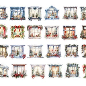 May include: Twenty watercolor illustrations of windows decorated for Christmas. Each window has a different design, including wreaths, garlands, snow, and lights. The windows are all set against a white background.