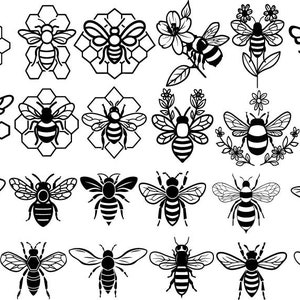 May include: A set of 24 black and white bee illustrations. The bees are shown in various poses, including flying, landing, and sitting on honeycombs. Some bees are shown with flowers.