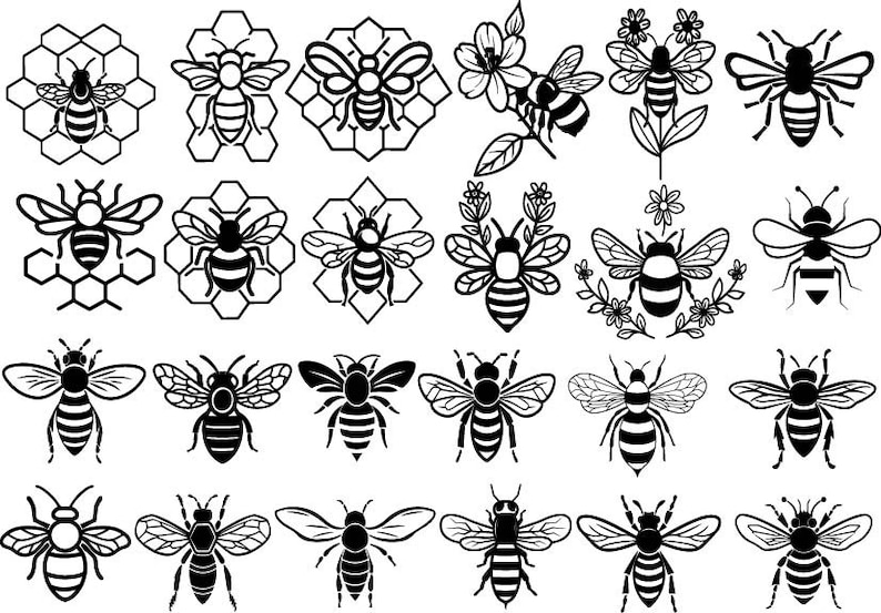 May include: A set of 24 black and white bee illustrations. The bees are shown in various poses, including flying, landing, and sitting on honeycombs. Some bees are shown with flowers.