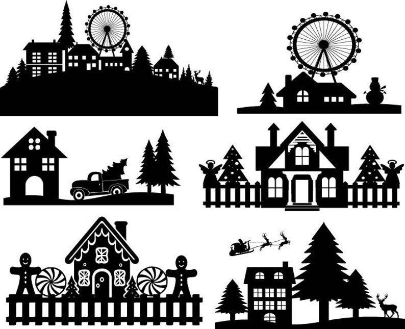 May include: Black and white silhouette illustrations of a winter village with houses, trees, a Ferris wheel, a gingerbread house, a truck, and a reindeer pulling a sleigh.